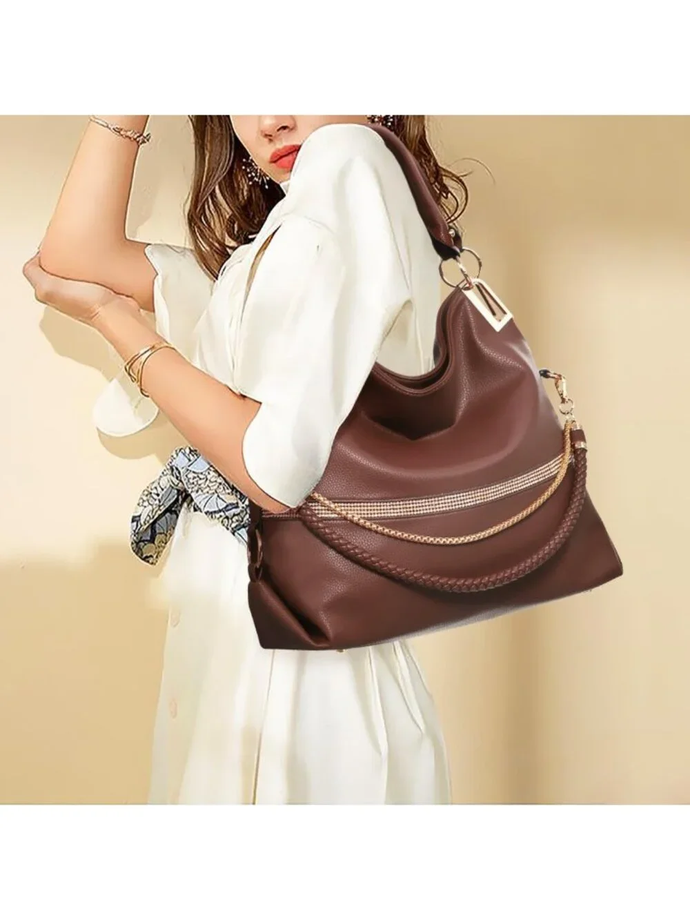 Stylish Large Hobo Bag with Rhinestone Accents | Vegan Leather Tote Purse for